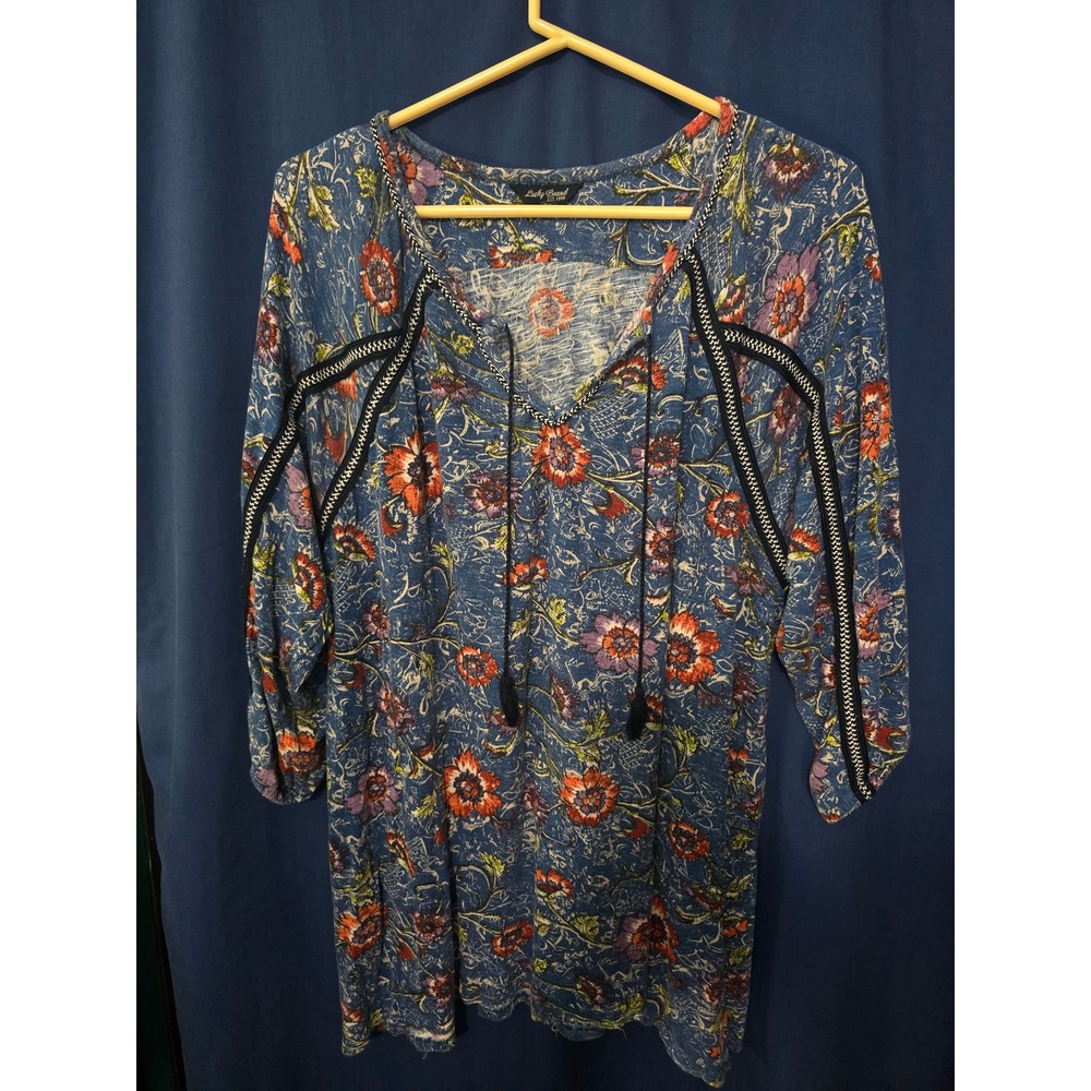 Lucky Brand Blue Floral Peasant Top Boho Tassel Trim Blouse Womens Medium